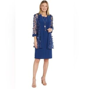 R & M Richards Blue Dress with Sheer Floral Overlay